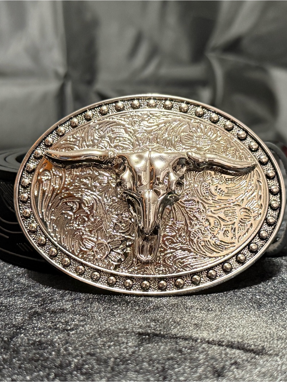 Black faux leather belt with silver longhorn skull buckle- size small